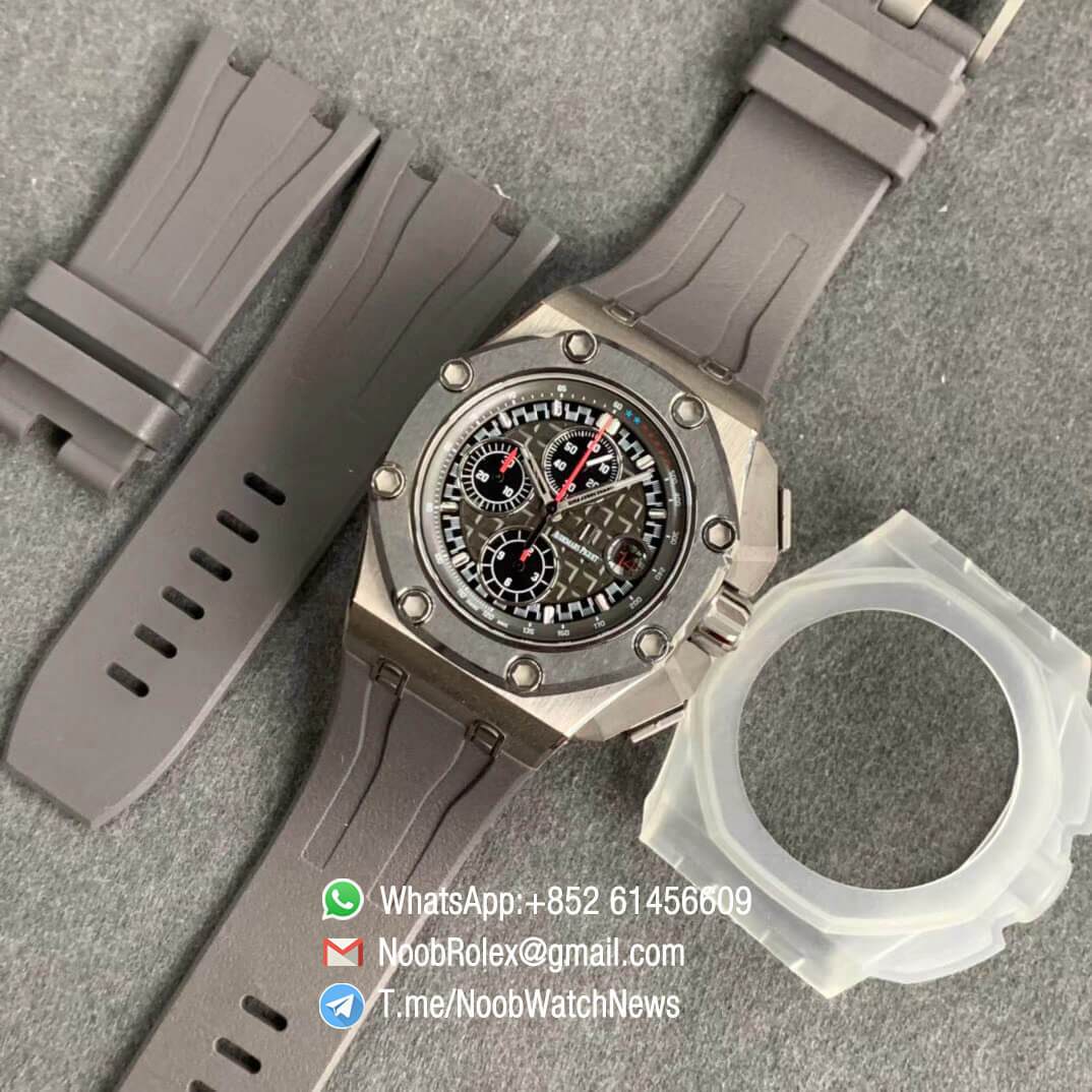 JF Top Replica Swiss Watch Royal Oak Offshore 44mm Steel Case Titanium Caseback Michael Schumacher Grey Dial Black Sub Dial Grey Rubber Strap A3126 Calibre 09
