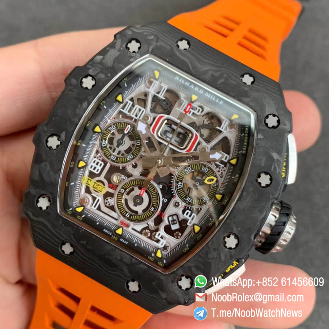 KVF Sup Clone RM11 03 Chrono Forged Carbon Case Skeletonal Dial with Black Inner Bezel Rehaut on Orange Rubber Strap A7750 V2 03