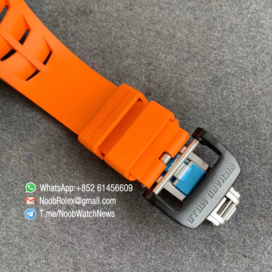 KVF Sup Clone RM11 03 Chrono Forged Carbon Case Skeletonal Dial with Black Inner Bezel Rehaut on Orange Rubber Strap A7750 V2 06