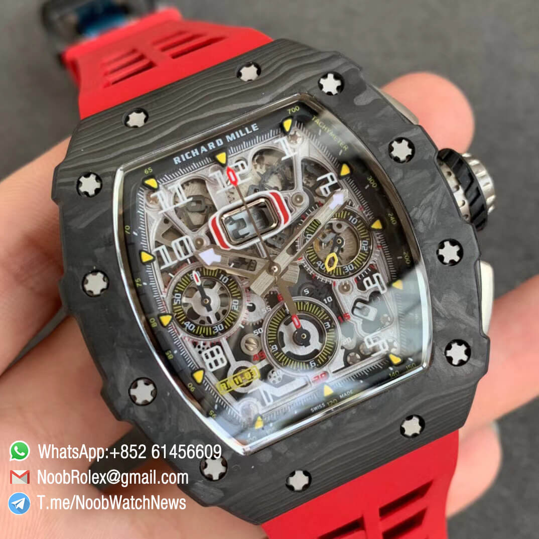 KVF Sup Rep RM11 03 Chrono Forged Carbon Case Skeletonal Dial with Black Inner Bezel Rehaut on Red Rubber Strap A7750 V2 02 KVF Sup Rep RM11 03 Chrono Forged Carbon Case Skeletonal Dial with Black Inner Bezel Rehaut on Red Rubber Strap A7750 V2 02