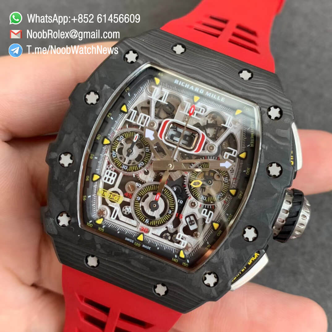 KVF Sup Rep RM11 03 Chrono Forged Carbon Case Skeletonal Dial with Black Inner Bezel Rehaut on Red Rubber Strap A7750 V2 03 KVF Sup Rep RM11 03 Chrono Forged Carbon Case Skeletonal Dial with Black Inner Bezel Rehaut on Red Rubber Strap A7750 V2 03