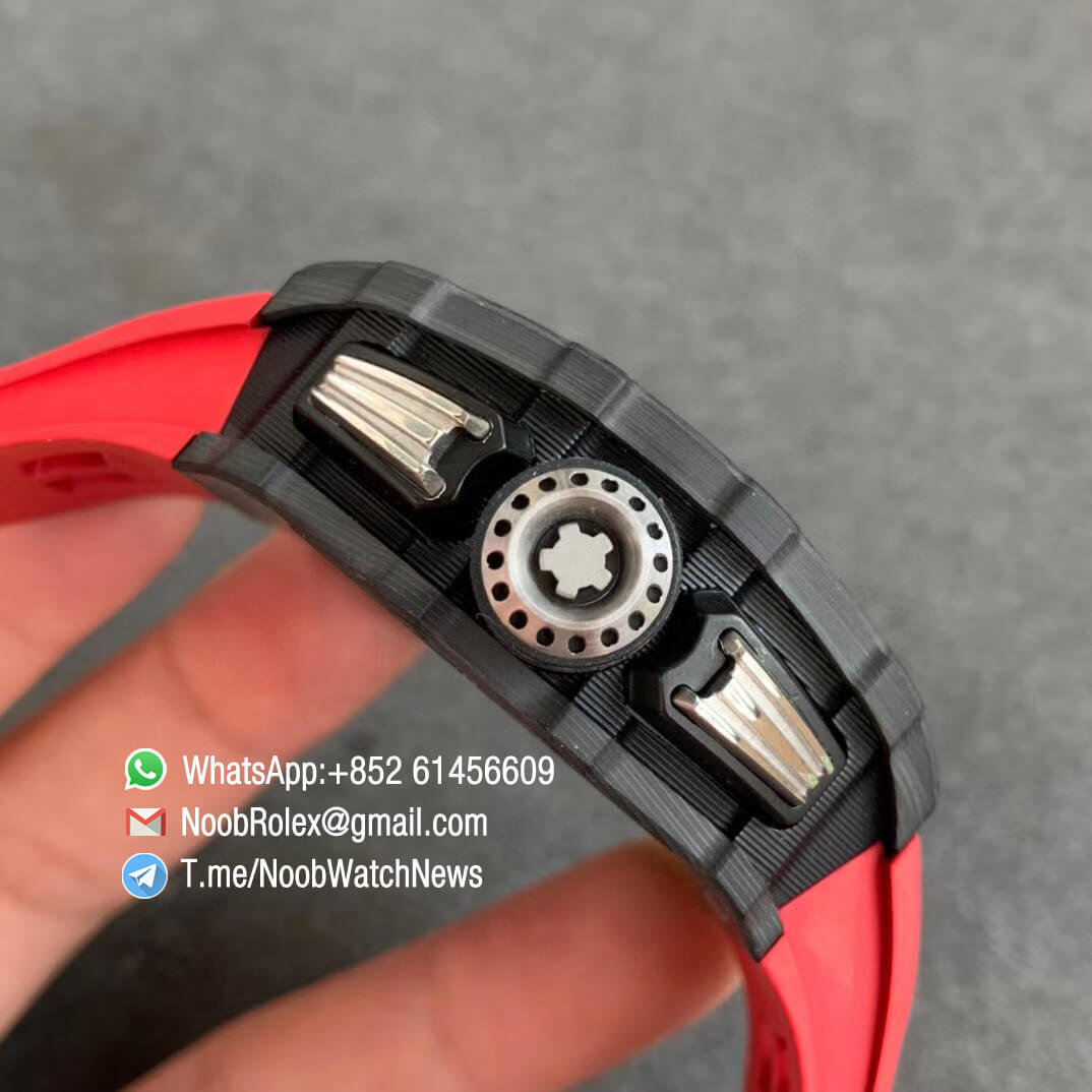 KVF Sup Rep RM11 03 Chrono Forged Carbon Case Skeletonal Dial with Black Inner Bezel Rehaut on Red Rubber Strap A7750 V2 04 KVF Sup Rep RM11 03 Chrono Forged Carbon Case Skeletonal Dial with Black Inner Bezel Rehaut on Red Rubber Strap A7750 V2 04