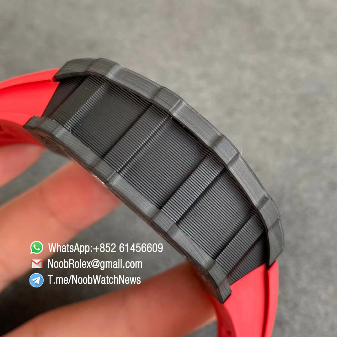 KVF Sup Rep RM11 03 Chrono Forged Carbon Case Skeletonal Dial with Black Inner Bezel Rehaut on Red Rubber Strap A7750 V2 05 KVF Sup Rep RM11 03 Chrono Forged Carbon Case Skeletonal Dial with Black Inner Bezel Rehaut on Red Rubber Strap A7750 V2 05