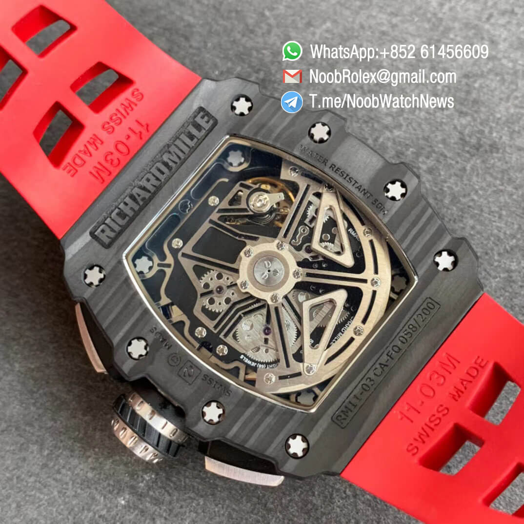 KVF Sup Rep RM11 03 Chrono Forged Carbon Case Skeletonal Dial with Black Inner Bezel Rehaut on Red Rubber Strap A7750 V2 08 KVF Sup Rep RM11 03 Chrono Forged Carbon Case Skeletonal Dial with Black Inner Bezel Rehaut on Red Rubber Strap A7750 V2 08