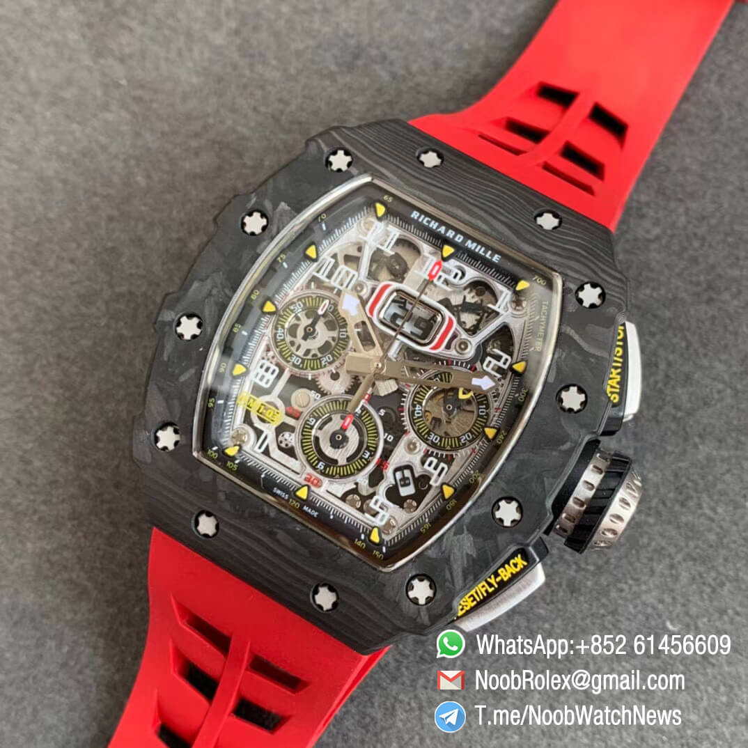 KVF Sup Rep RM11 03 Chrono Forged Carbon Case Skeletonal Dial with Black Inner Bezel Rehaut on Red Rubber Strap A7750 V2 09 KVF Sup Rep RM11 03 Chrono Forged Carbon Case Skeletonal Dial with Black Inner Bezel Rehaut on Red Rubber Strap A7750 V2 09