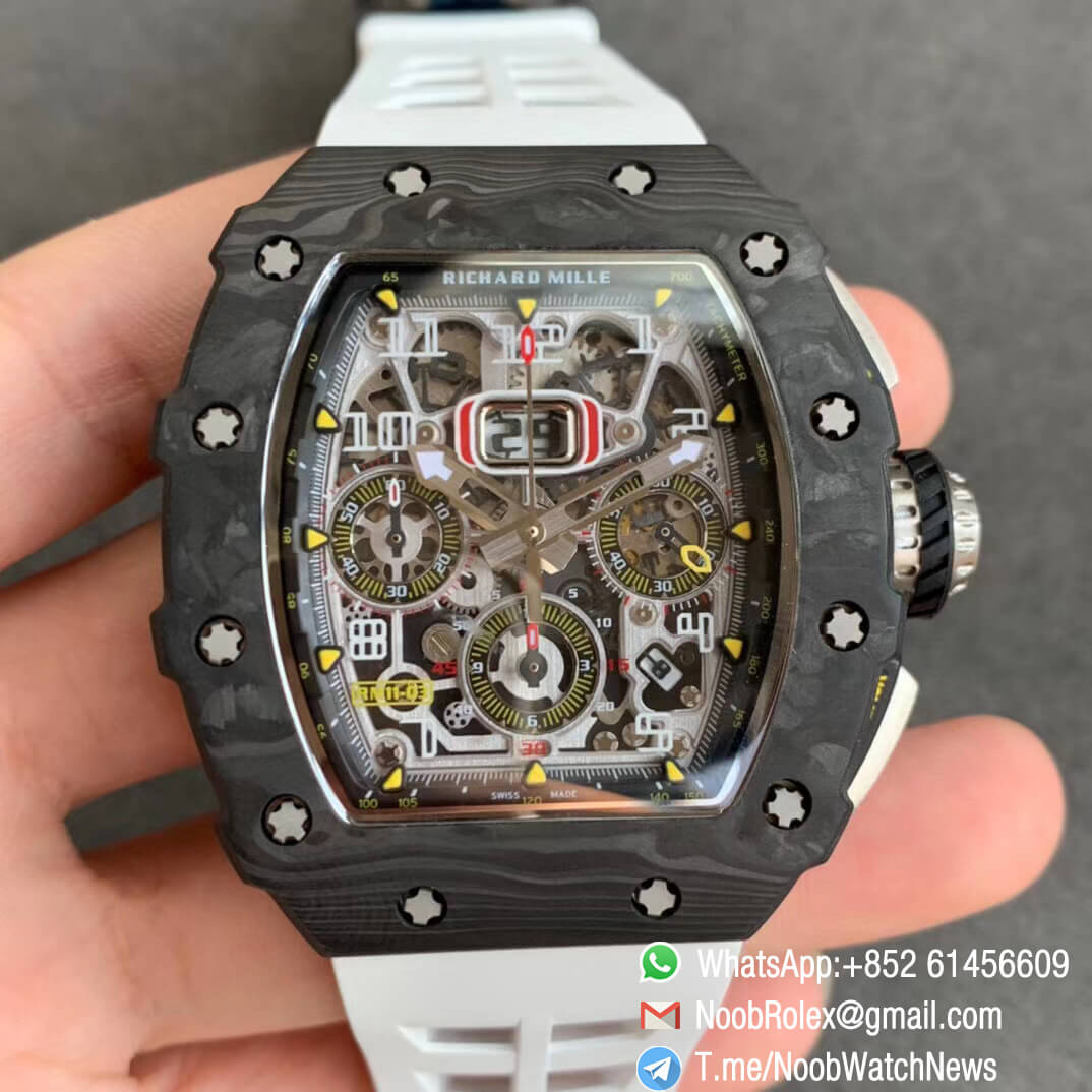 KVF V2 Sup Fake RM11 03 Forged Carbon Case Skeletonal Dial with Black Inner Bezel Rehaut on White Rubber Strap A7750 Chrono 01