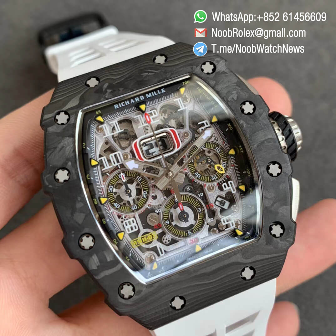 KVF V2 Sup Fake RM11 03 Forged Carbon Case Skeletonal Dial with Black Inner Bezel Rehaut on White Rubber Strap A7750 Chrono 02