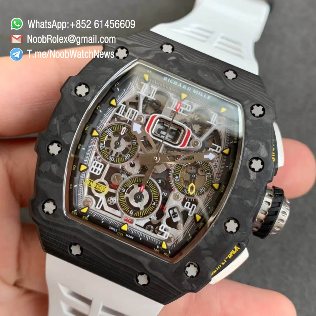 KVF V2 Sup Fake RM11 03 Forged Carbon Case Skeletonal Dial with Black Inner Bezel Rehaut on White Rubber Strap A7750 Chrono 03