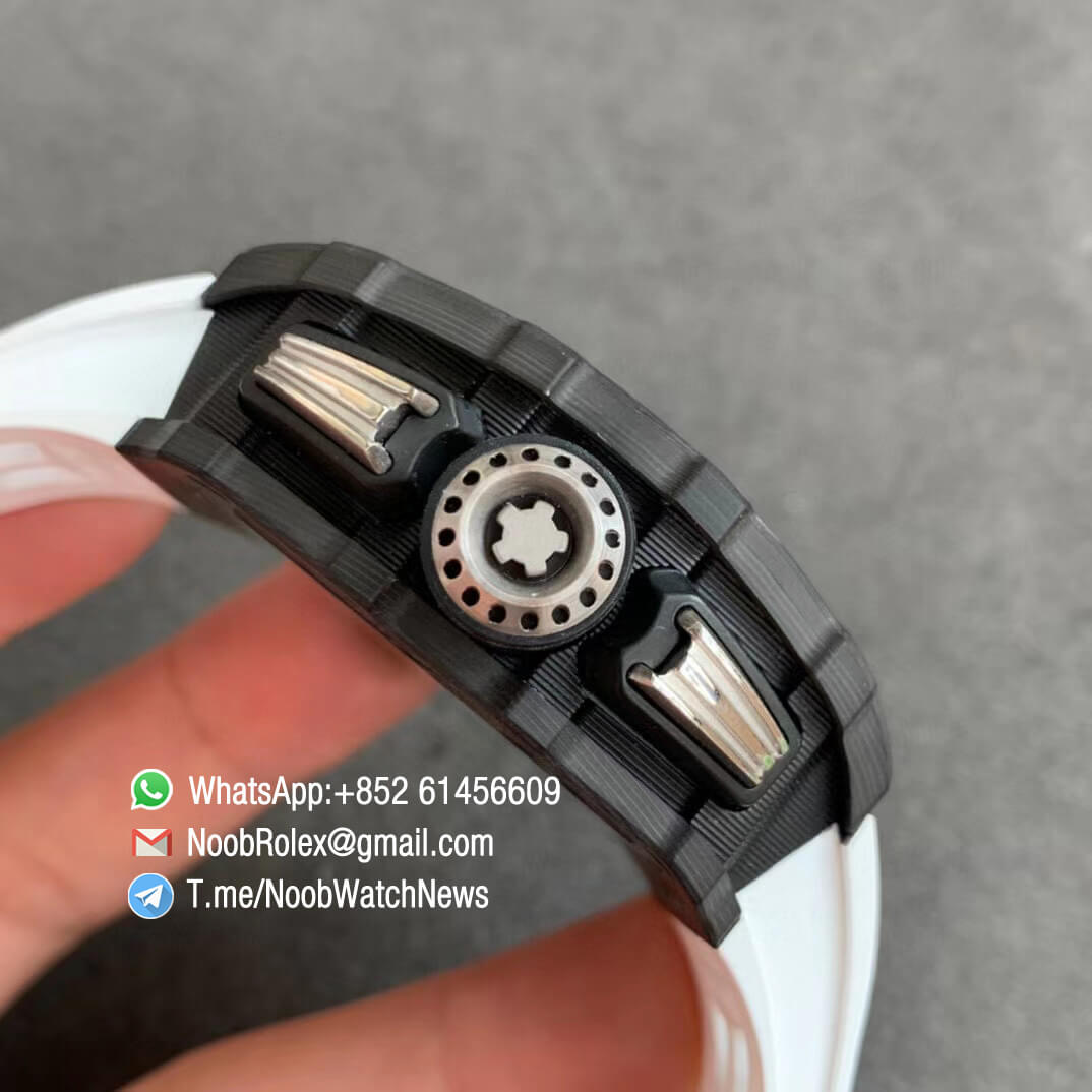 KVF V2 Sup Fake RM11 03 Forged Carbon Case Skeletonal Dial with Black Inner Bezel Rehaut on White Rubber Strap A7750 Chrono 04