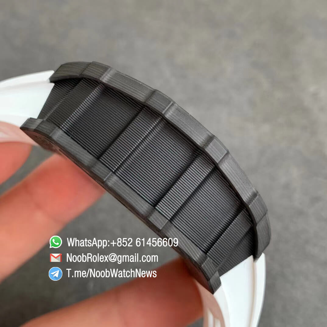 KVF V2 Sup Fake RM11 03 Forged Carbon Case Skeletonal Dial with Black Inner Bezel Rehaut on White Rubber Strap A7750 Chrono 05