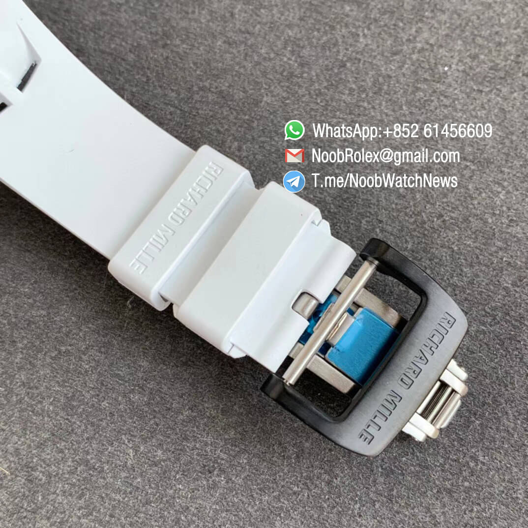 KVF V2 Sup Fake RM11 03 Forged Carbon Case Skeletonal Dial with Black Inner Bezel Rehaut on White Rubber Strap A7750 Chrono 06