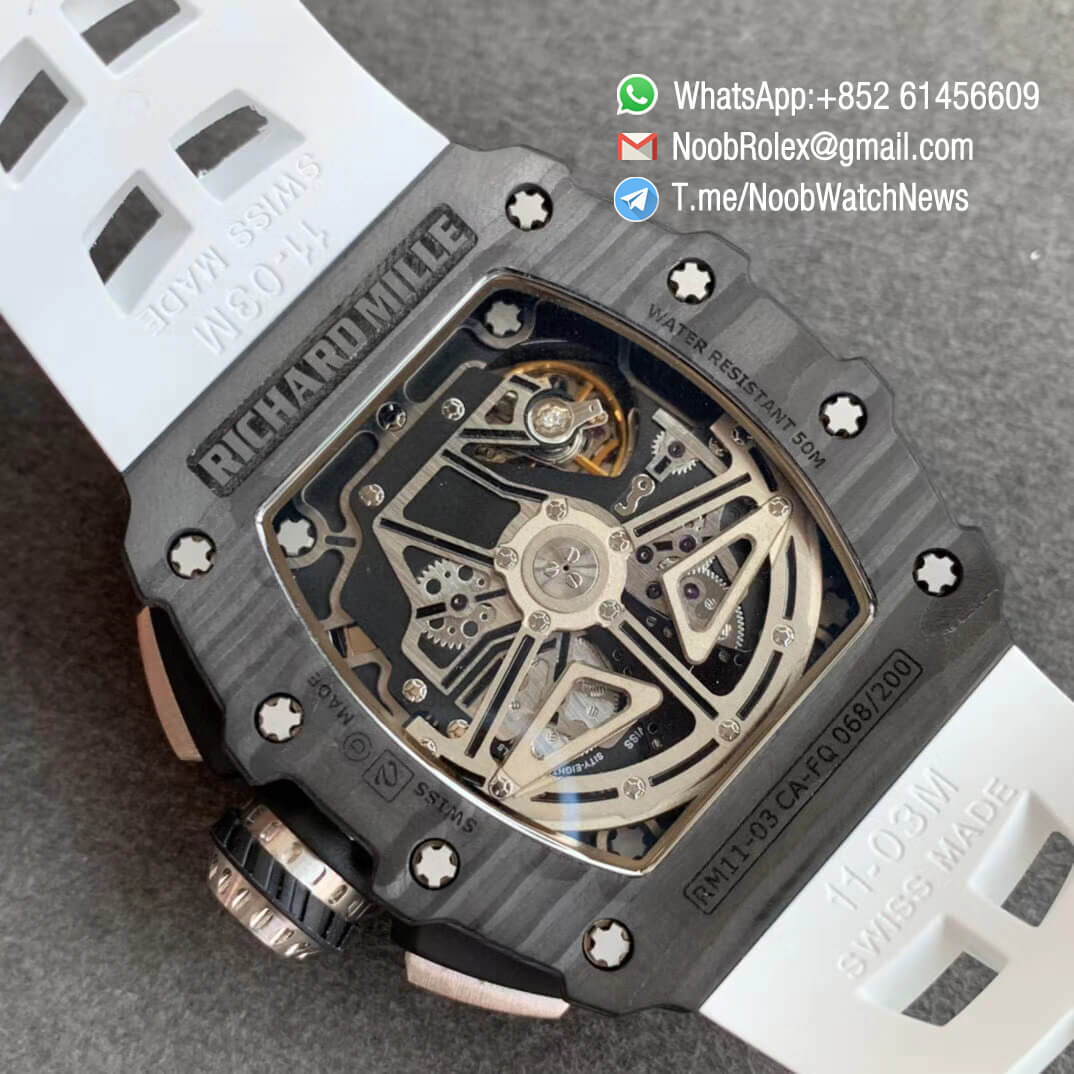 KVF V2 Sup Fake RM11 03 Forged Carbon Case Skeletonal Dial with Black Inner Bezel Rehaut on White Rubber Strap A7750 Chrono 08