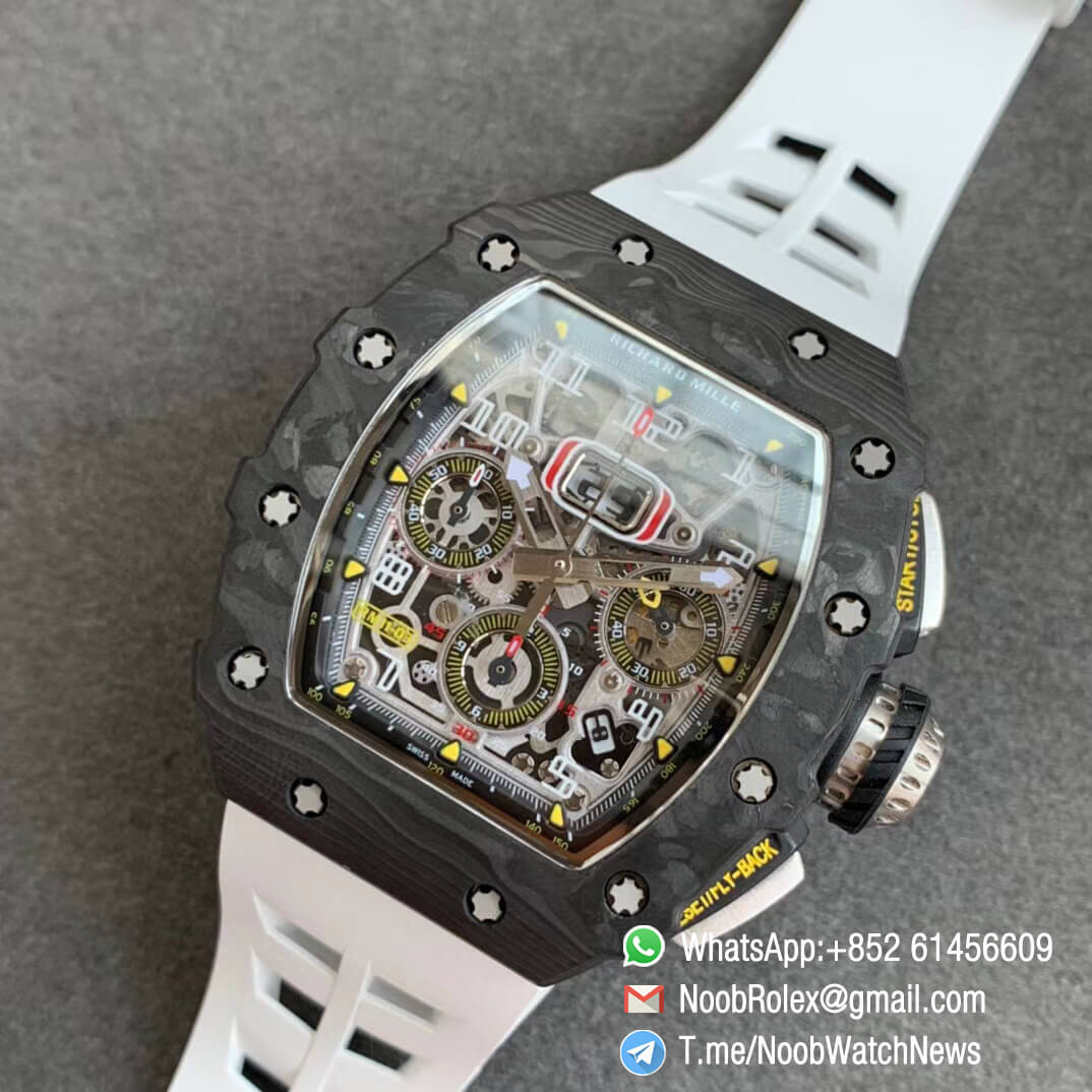 KVF V2 Sup Fake RM11 03 Forged Carbon Case Skeletonal Dial with Black Inner Bezel Rehaut on White Rubber Strap A7750 Chrono 09