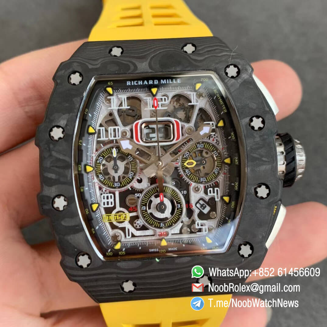 KVF V2 Sup Fake RM11 03 Forged Carbon Case Skeletonal Dial with Black Inner Bezel Rehaut on Yellow Rubber Strap A7750 Chrono 01