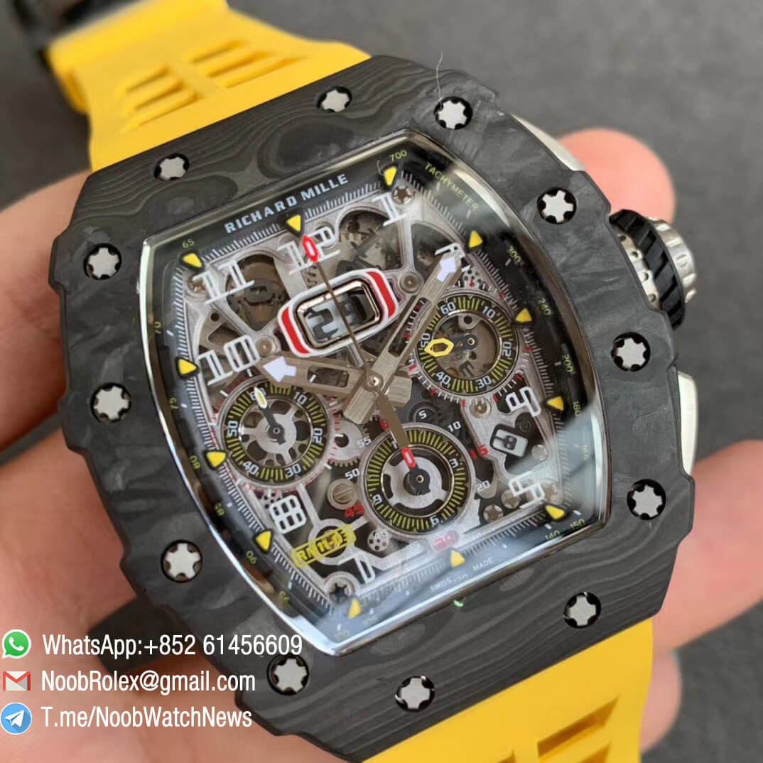 KVF V2 Sup Fake RM11 03 Forged Carbon Case Skeletonal Dial with Black Inner Bezel Rehaut on Yellow Rubber Strap A7750 Chrono 02
