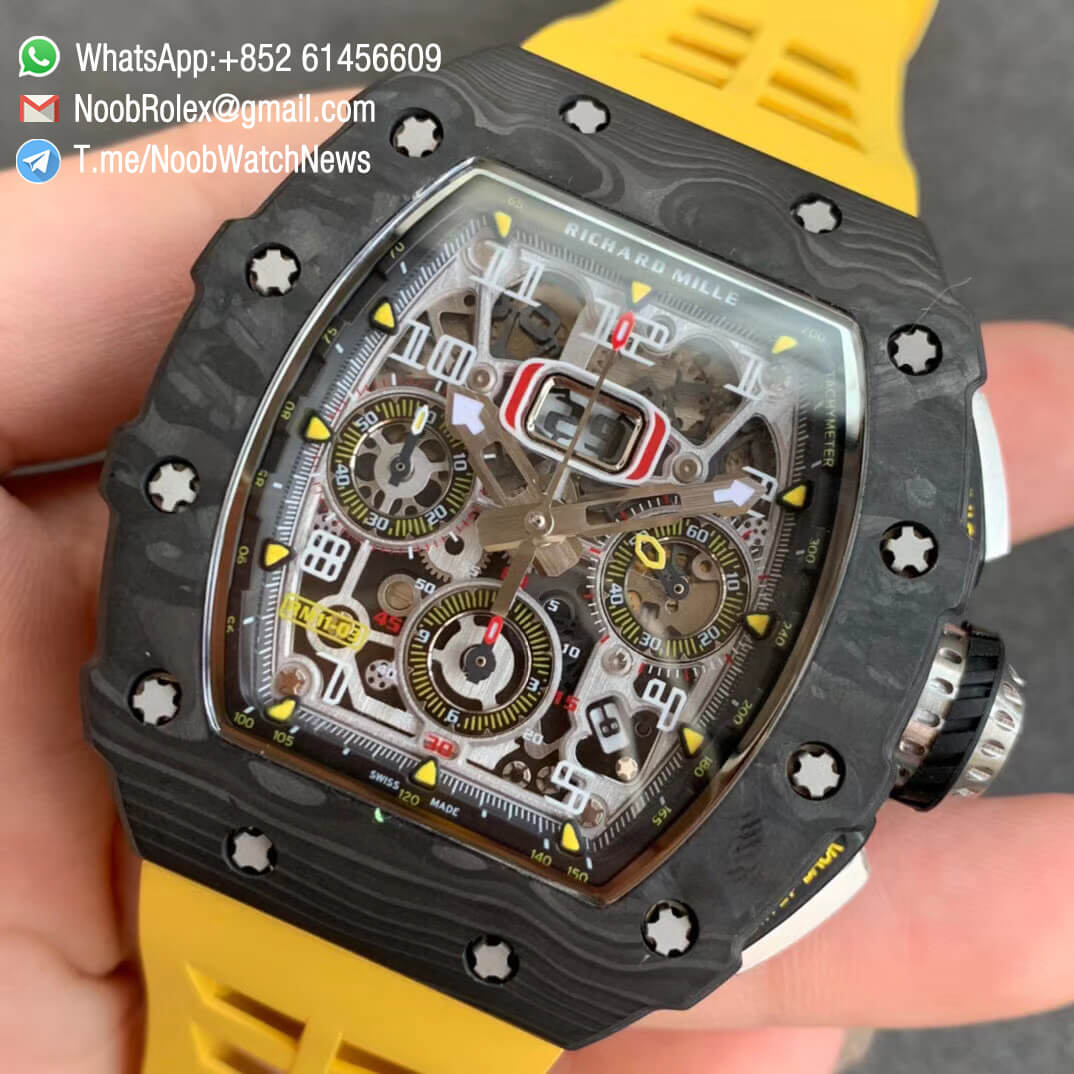 KVF V2 Sup Fake RM11 03 Forged Carbon Case Skeletonal Dial with Black Inner Bezel Rehaut on Yellow Rubber Strap A7750 Chrono 03