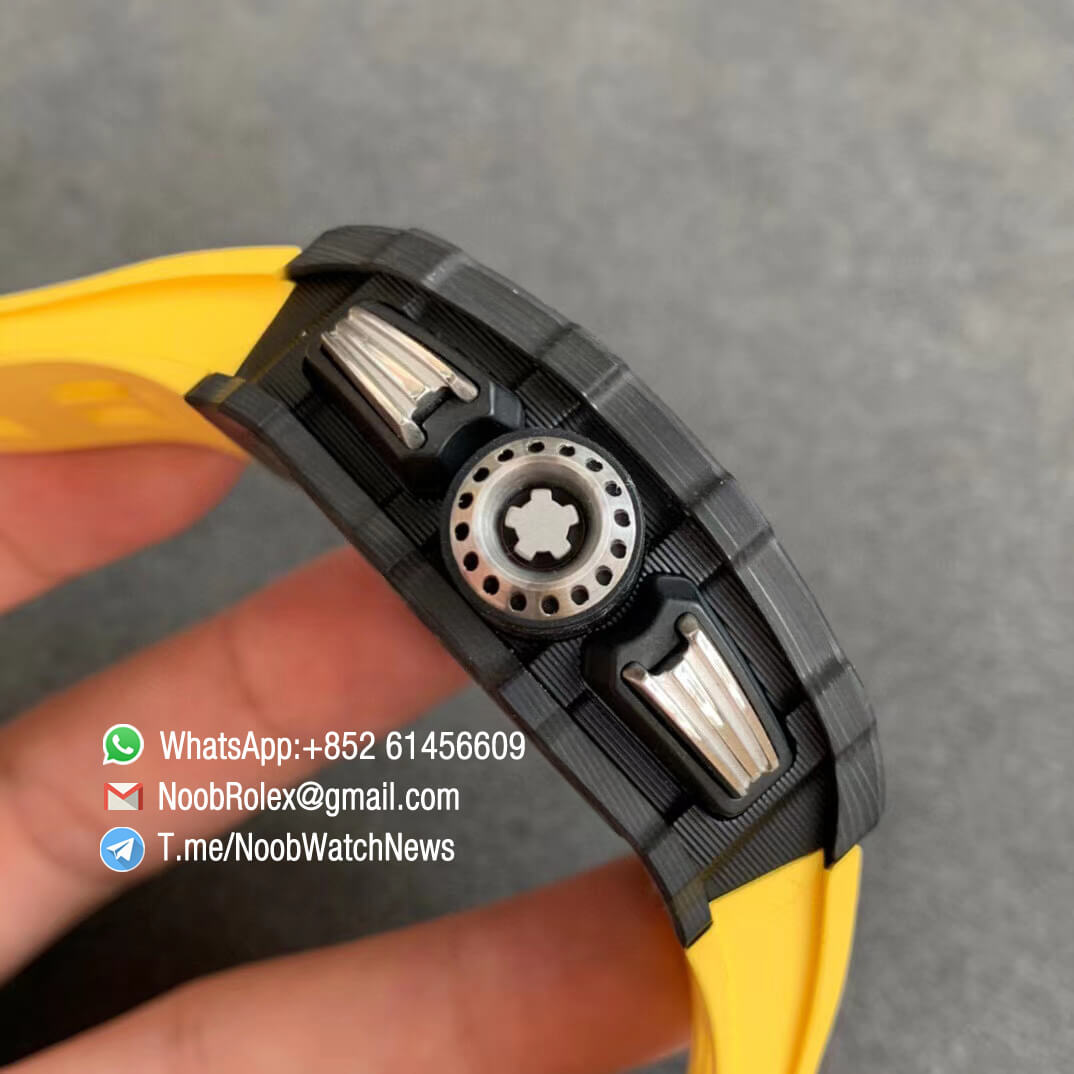 KVF V2 Sup Fake RM11 03 Forged Carbon Case Skeletonal Dial with Black Inner Bezel Rehaut on Yellow Rubber Strap A7750 Chrono 04