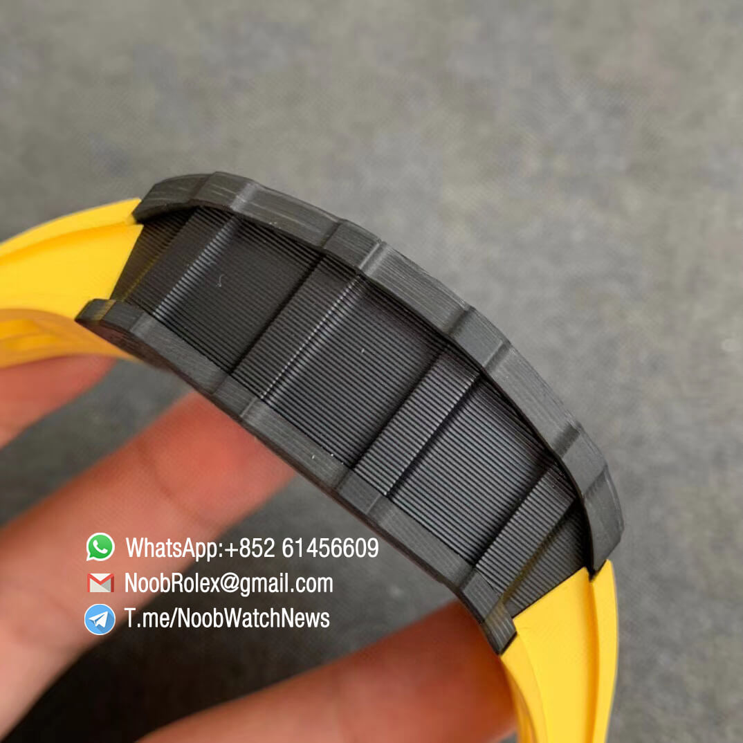 KVF V2 Sup Fake RM11 03 Forged Carbon Case Skeletonal Dial with Black Inner Bezel Rehaut on Yellow Rubber Strap A7750 Chrono 05