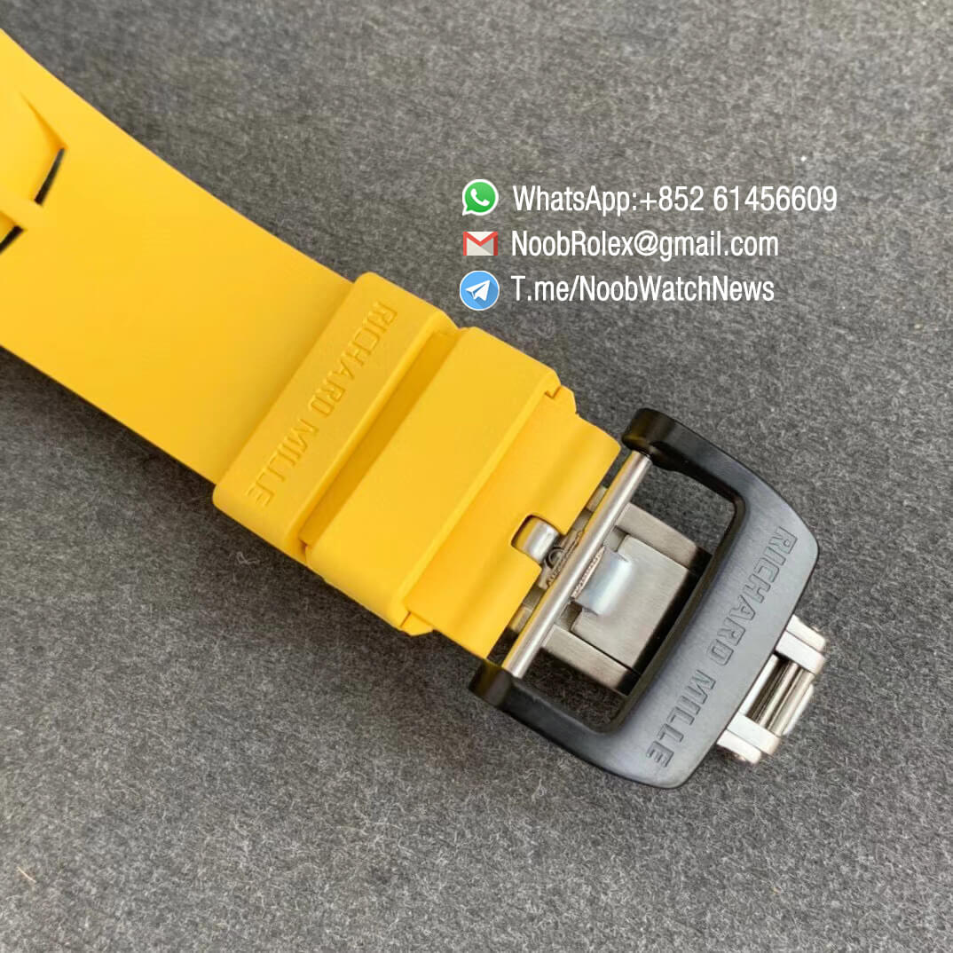 KVF V2 Sup Fake RM11 03 Forged Carbon Case Skeletonal Dial with Black Inner Bezel Rehaut on Yellow Rubber Strap A7750 Chrono 06