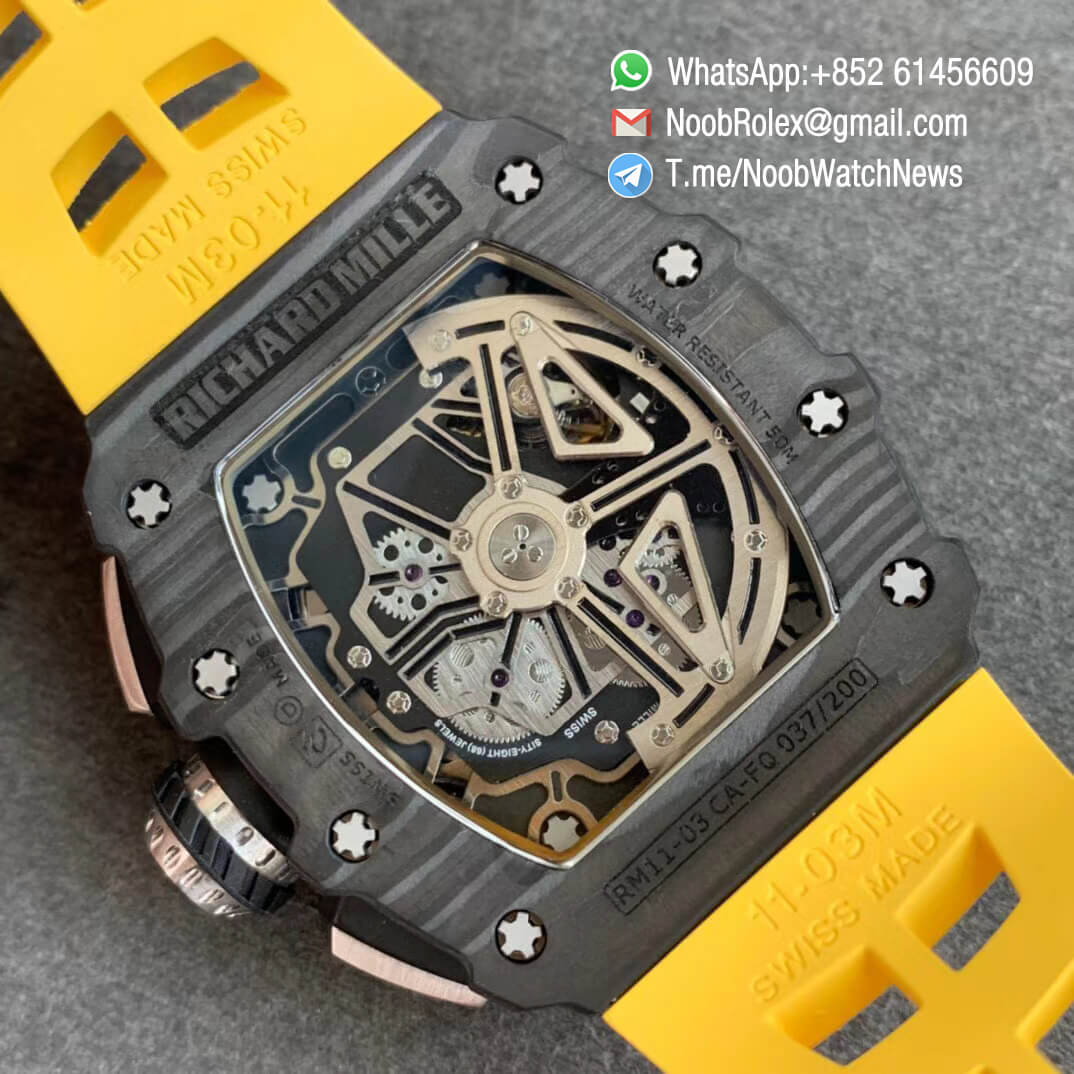 KVF V2 Sup Fake RM11 03 Forged Carbon Case Skeletonal Dial with Black Inner Bezel Rehaut on Yellow Rubber Strap A7750 Chrono 08