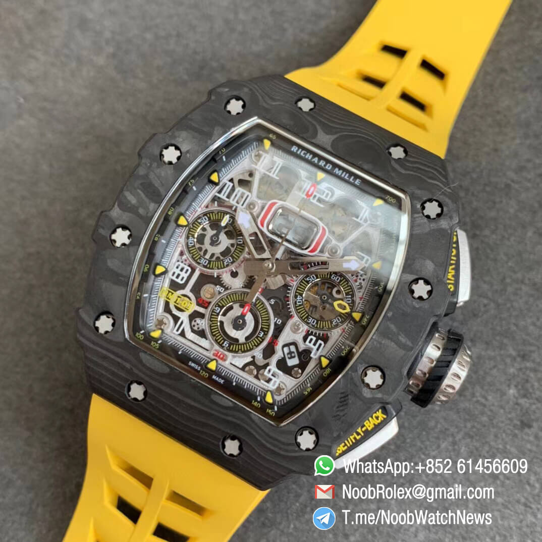 KVF V2 Sup Fake RM11 03 Forged Carbon Case Skeletonal Dial with Black Inner Bezel Rehaut on Yellow Rubber Strap A7750 Chrono 09