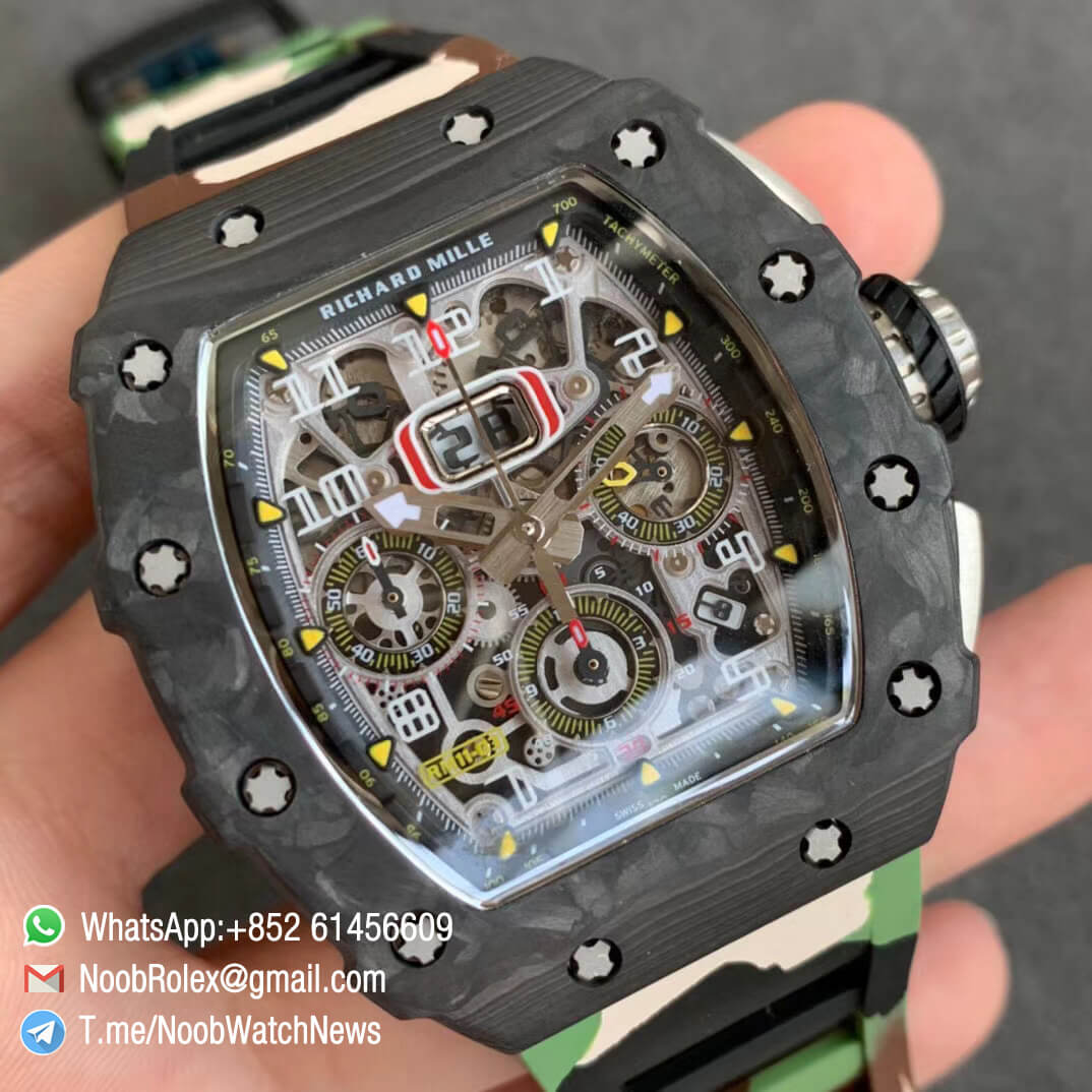 KVF V2 Sup Rep RM11 03 Forged Carbon Case Skeletonal Dial with Black Inner Bezel Rehaut on Green Camo Rubber Strap A7750 Chrono 02