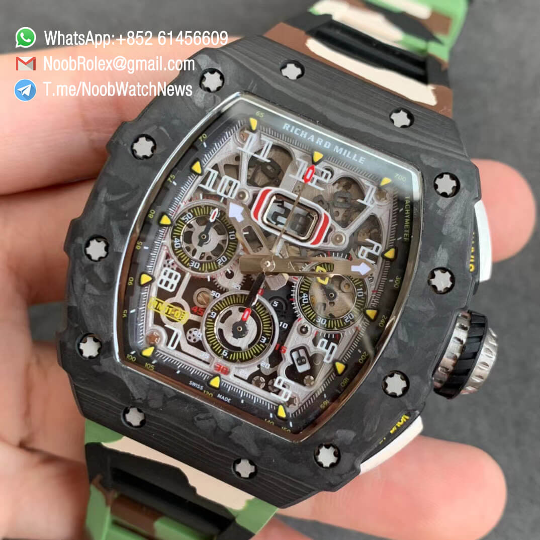 KVF V2 Sup Rep RM11 03 Forged Carbon Case Skeletonal Dial with Black Inner Bezel Rehaut on Green Camo Rubber Strap A7750 Chrono 03