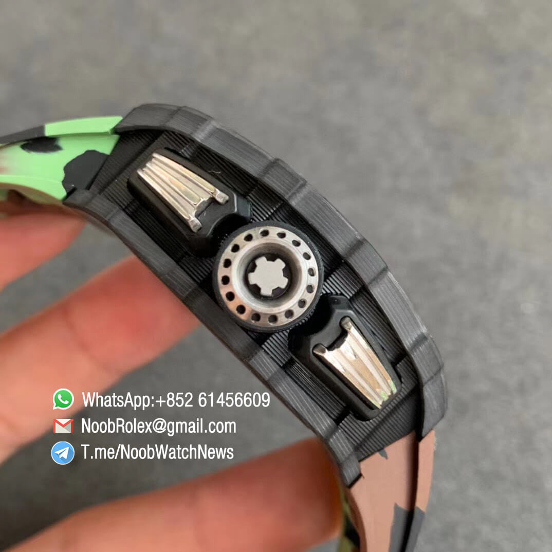 KVF V2 Sup Rep RM11 03 Forged Carbon Case Skeletonal Dial with Black Inner Bezel Rehaut on Green Camo Rubber Strap A7750 Chrono 04