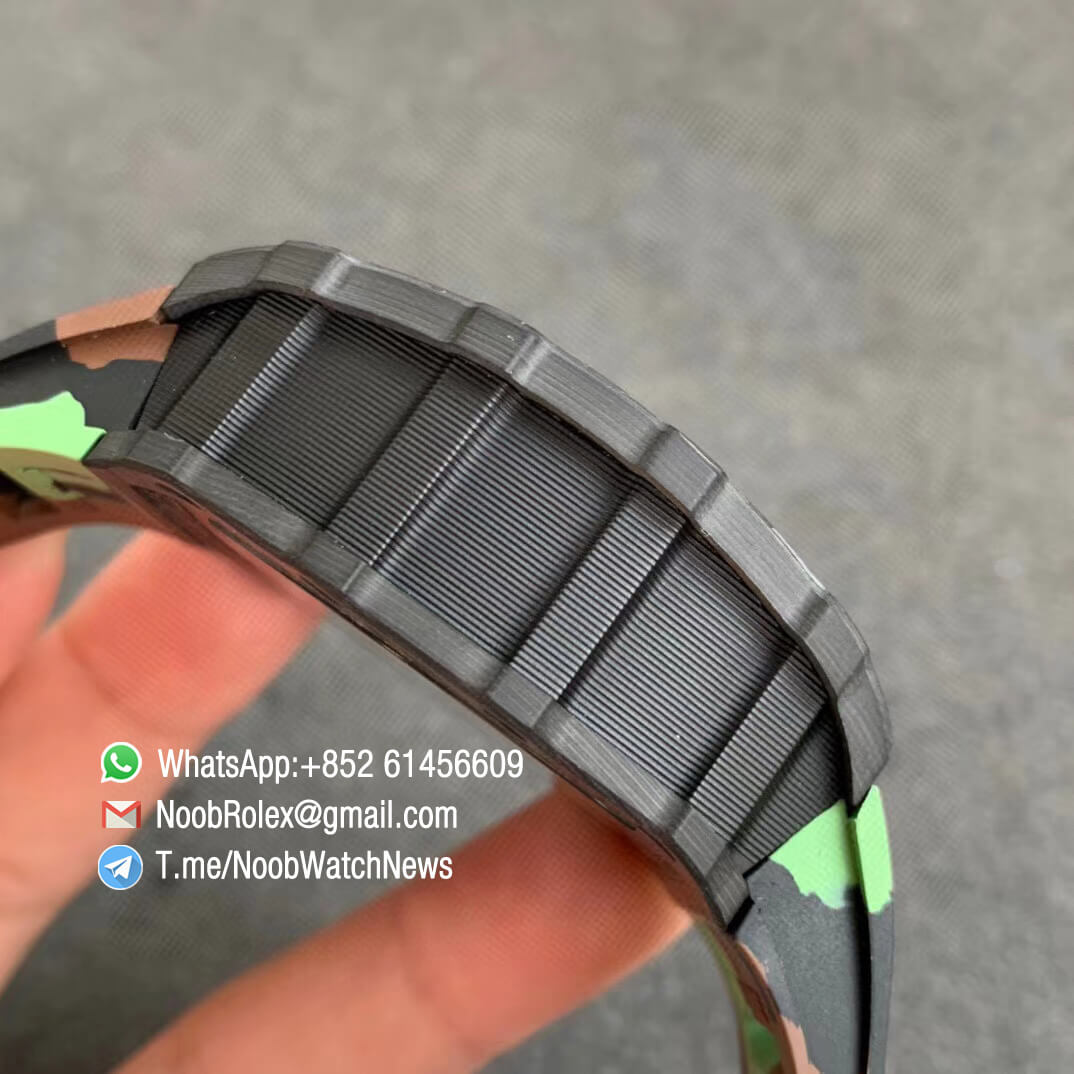 KVF V2 Sup Rep RM11 03 Forged Carbon Case Skeletonal Dial with Black Inner Bezel Rehaut on Green Camo Rubber Strap A7750 Chrono 05