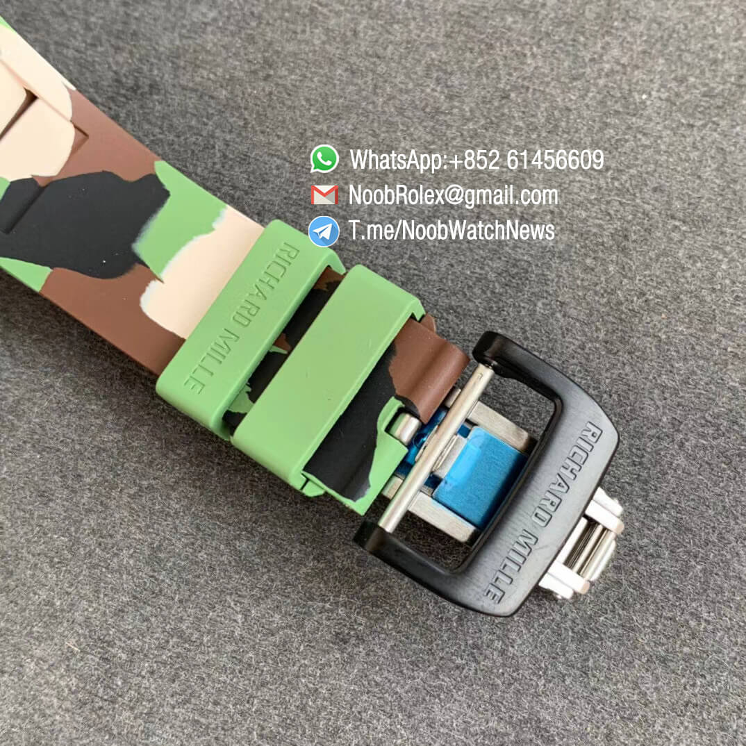 KVF V2 Sup Rep RM11 03 Forged Carbon Case Skeletonal Dial with Black Inner Bezel Rehaut on Green Camo Rubber Strap A7750 Chrono 06