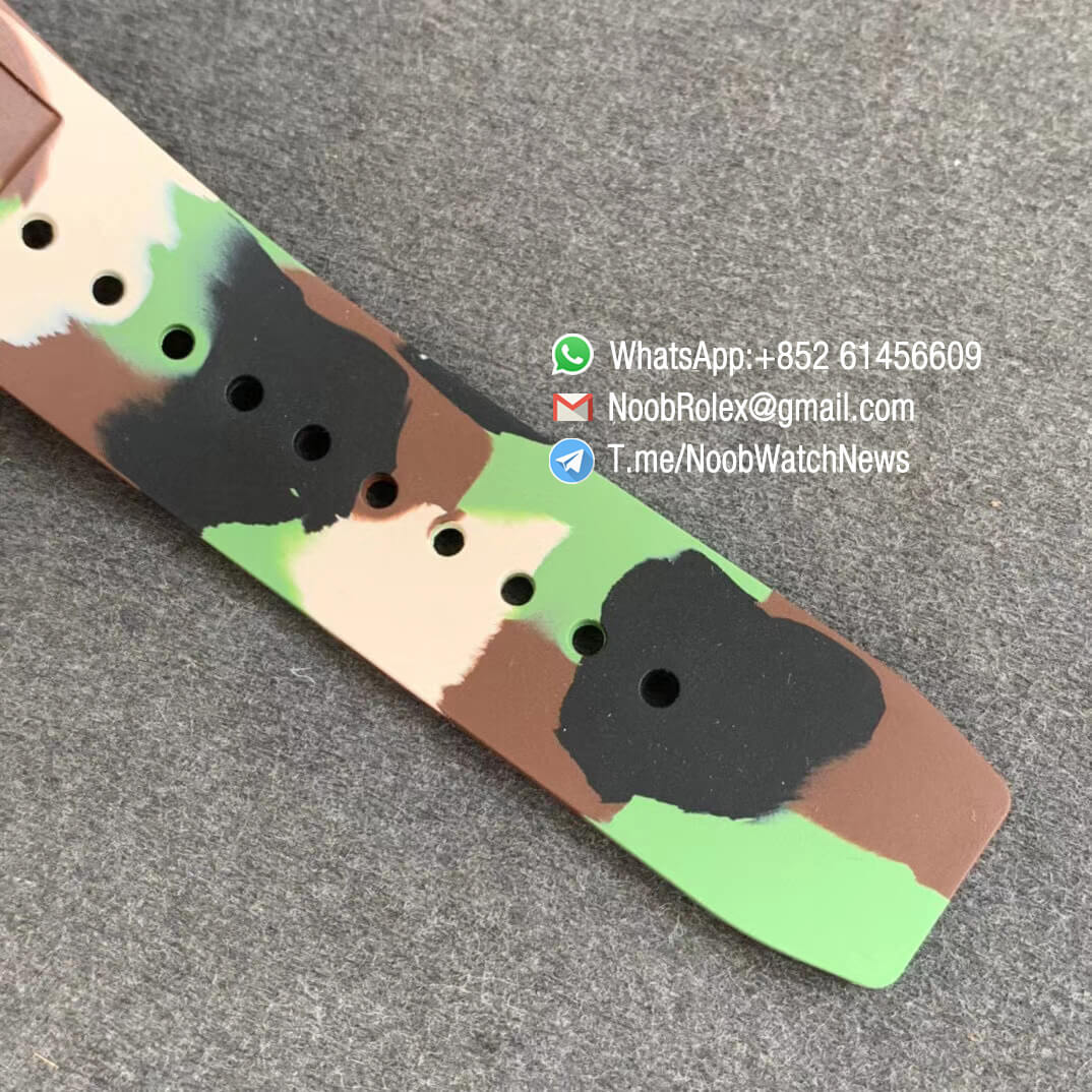 KVF V2 Sup Rep RM11 03 Forged Carbon Case Skeletonal Dial with Black Inner Bezel Rehaut on Green Camo Rubber Strap A7750 Chrono 07