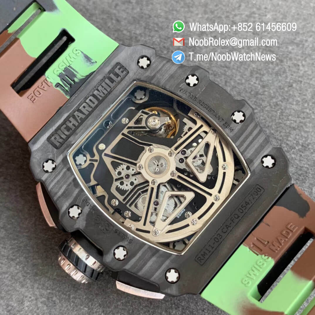 KVF V2 Sup Rep RM11 03 Forged Carbon Case Skeletonal Dial with Black Inner Bezel Rehaut on Green Camo Rubber Strap A7750 Chrono 08