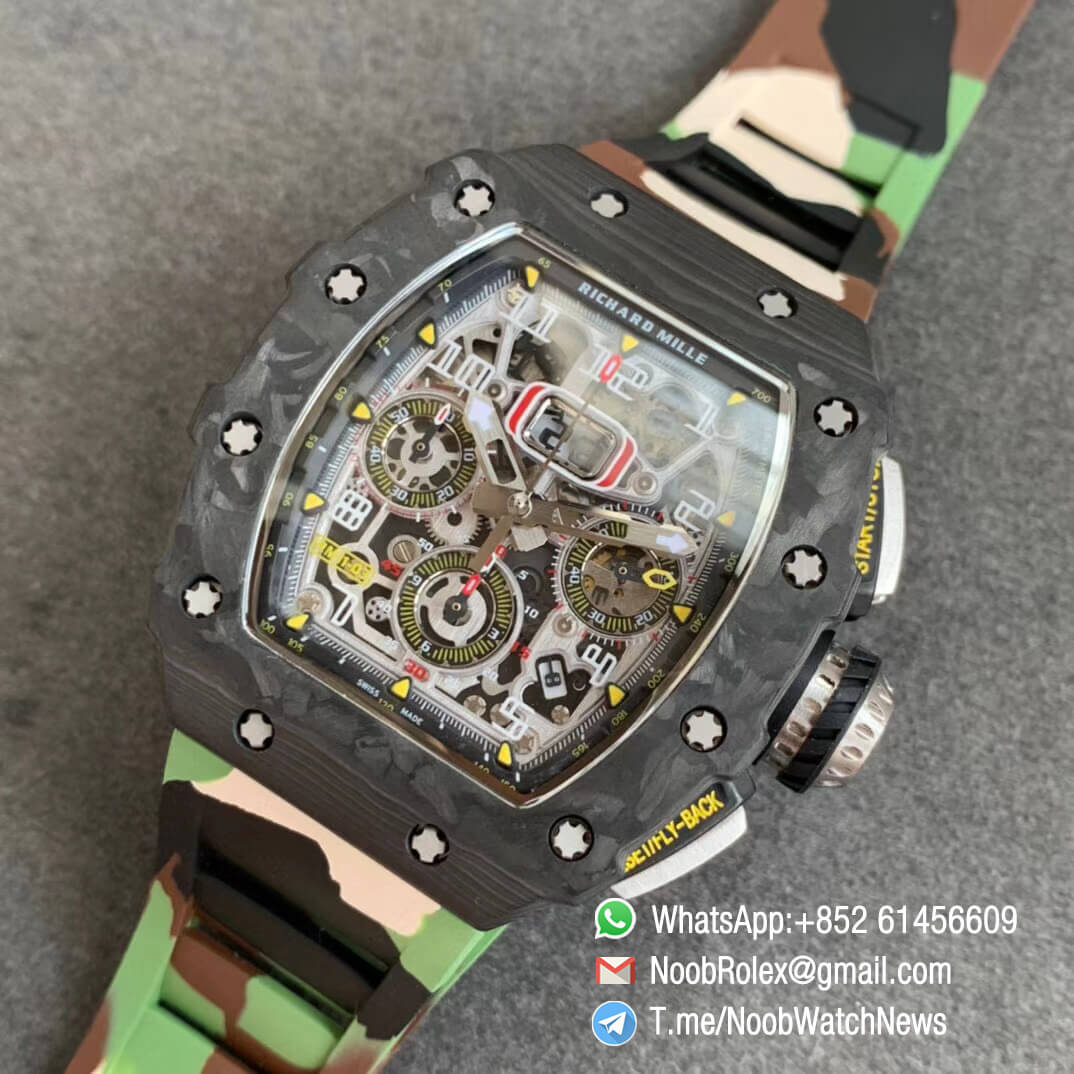 KVF V2 Sup Rep RM11 03 Forged Carbon Case Skeletonal Dial with Black Inner Bezel Rehaut on Green Camo Rubber Strap A7750 Chrono 09