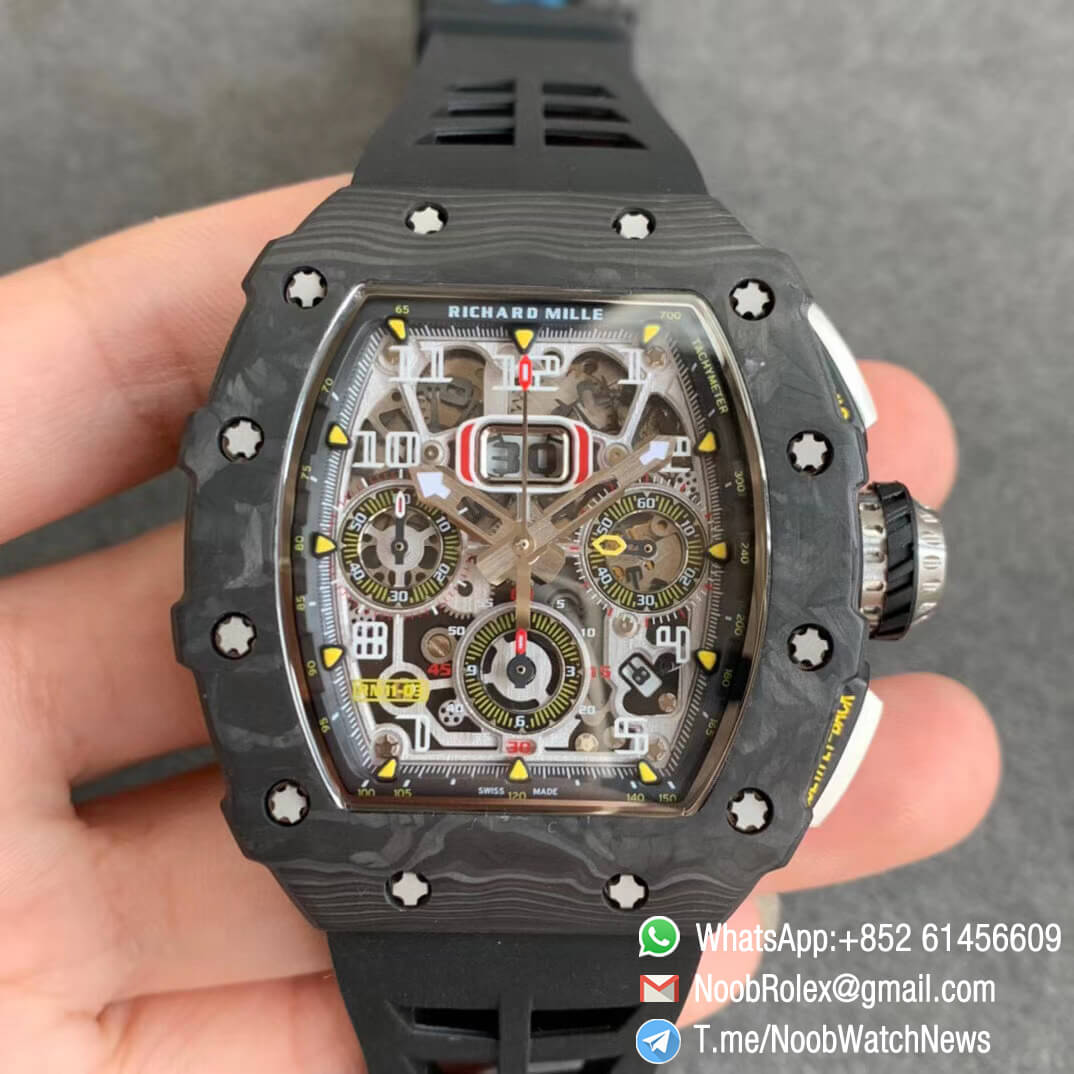 KVF V2 Sup Rep RM11 03 Forged Carbon Case Skeletonal Dial with Black Inner Bezel on Black Rubber Strap A7750 Chrono 01