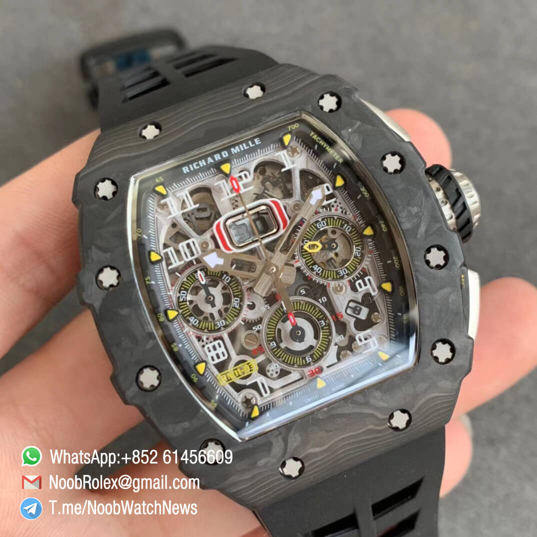 KVF V2 Sup Rep RM11 03 Forged Carbon Case Skeletonal Dial with Black Inner Bezel on Black Rubber Strap A7750 Chrono 02