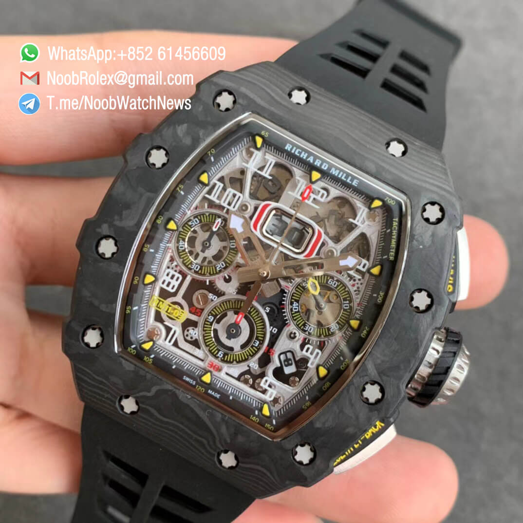 KVF V2 Sup Rep RM11 03 Forged Carbon Case Skeletonal Dial with Black Inner Bezel on Black Rubber Strap A7750 Chrono 03