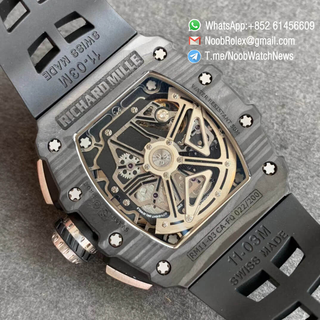 KVF V2 Sup Rep RM11 03 Forged Carbon Case Skeletonal Dial with Black Inner Bezel on Black Rubber Strap A7750 Chrono 08