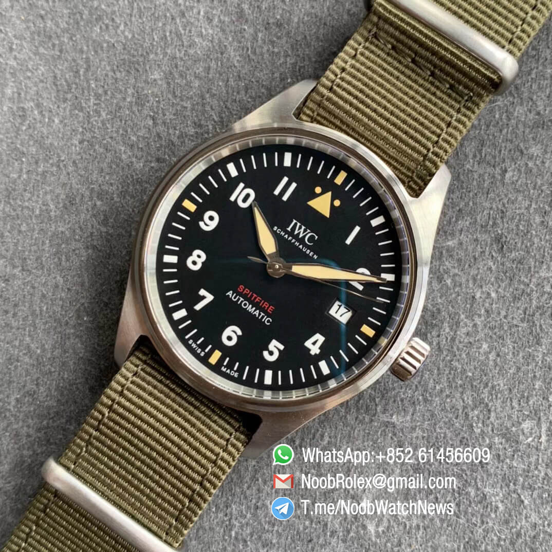 MKF Replica Swiss Watch IWC Pilot Watch Spitfire Steel Case IW326801 Black Dial on Green Nylon Strap MIYOTA 9015 09