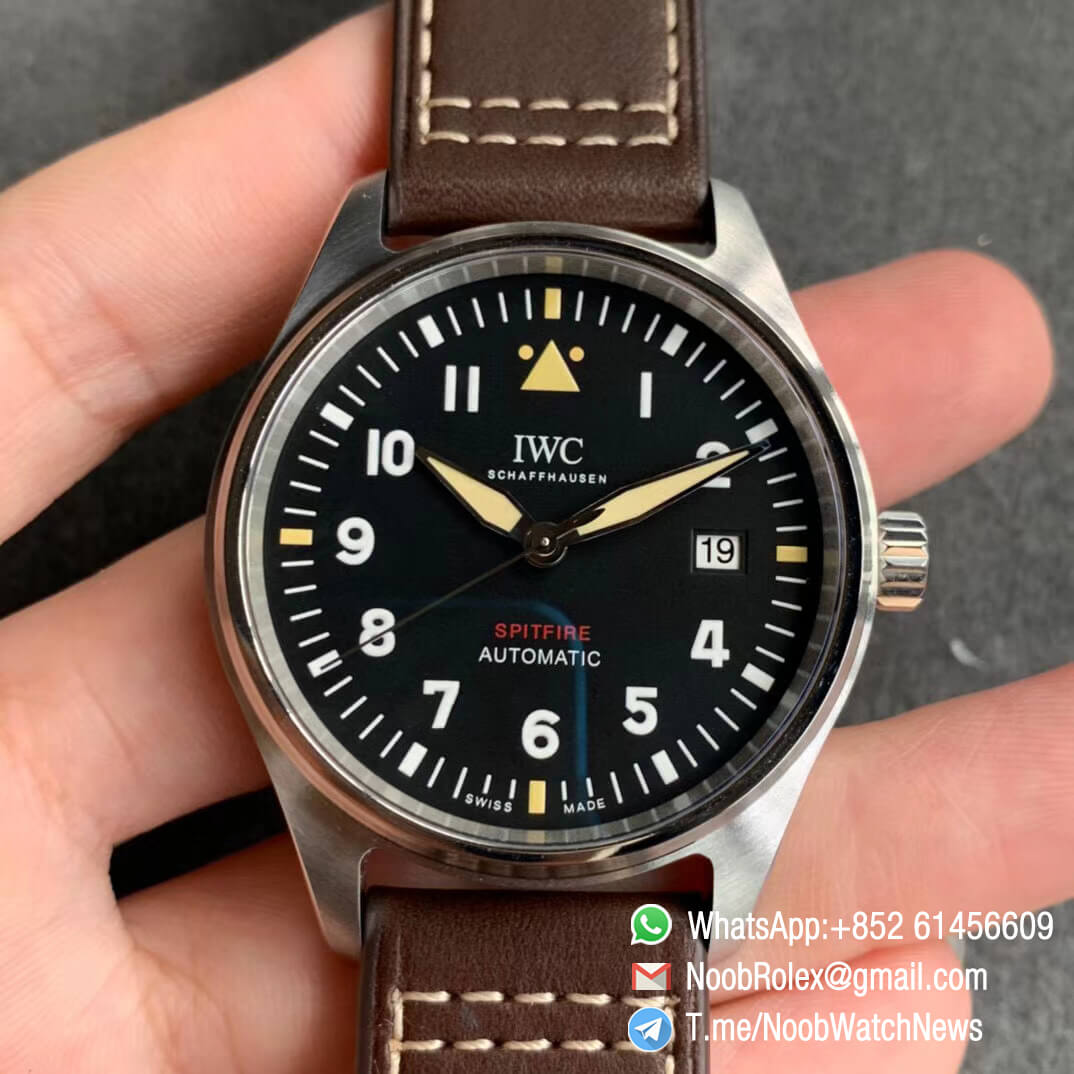 MKF Replica Swiss Watch Manufacturer IWC Pilot Spitfire Steel Case IW326803 Black Dial on Brown Leather Strap MIYOTA 9015 01