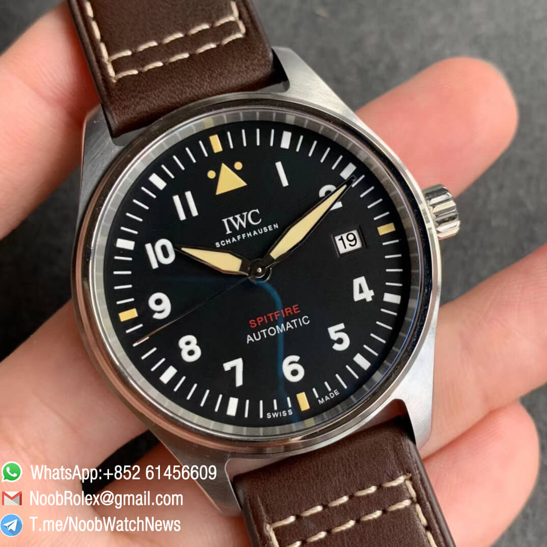 MKF Replica Swiss Watch Manufacturer IWC Pilot Spitfire Steel Case IW326803 Black Dial on Brown Leather Strap MIYOTA 9015 02