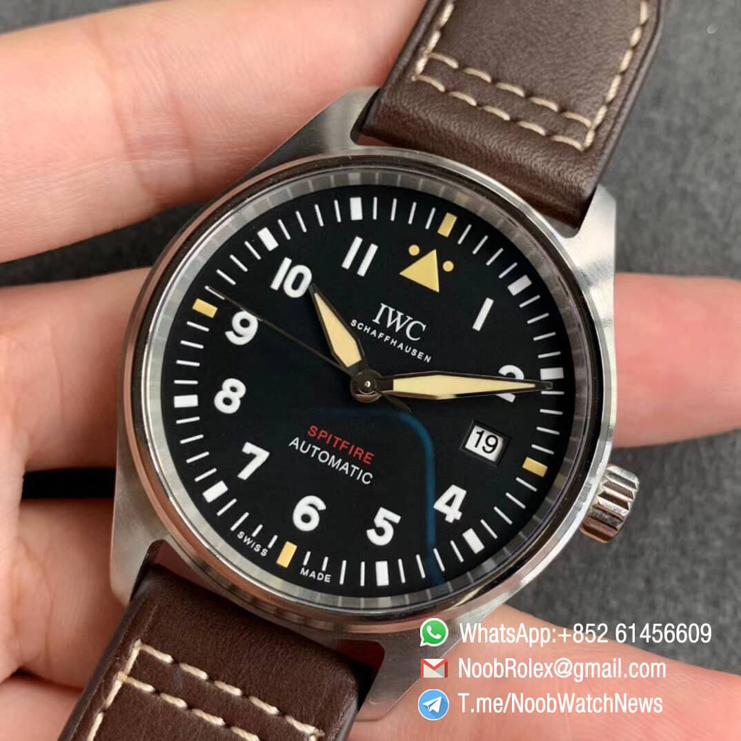 MKF Replica Swiss Watch Manufacturer IWC Pilot Spitfire Steel Case IW326803 Black Dial on Brown Leather Strap MIYOTA 9015 03