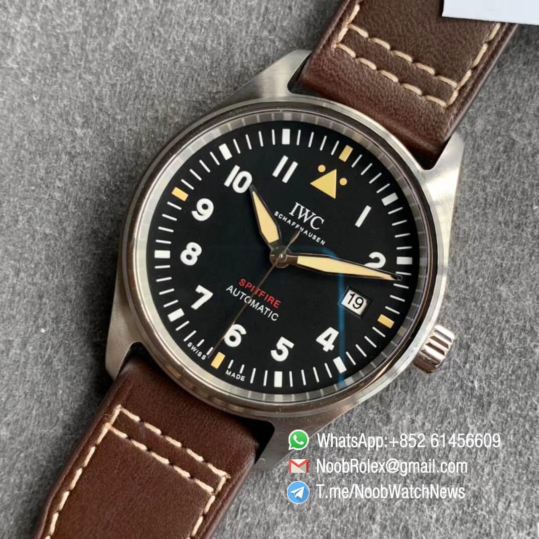 MKF Replica Swiss Watch Manufacturer IWC Pilot Spitfire Steel Case IW326803 Black Dial on Brown Leather Strap MIYOTA 9015 09
