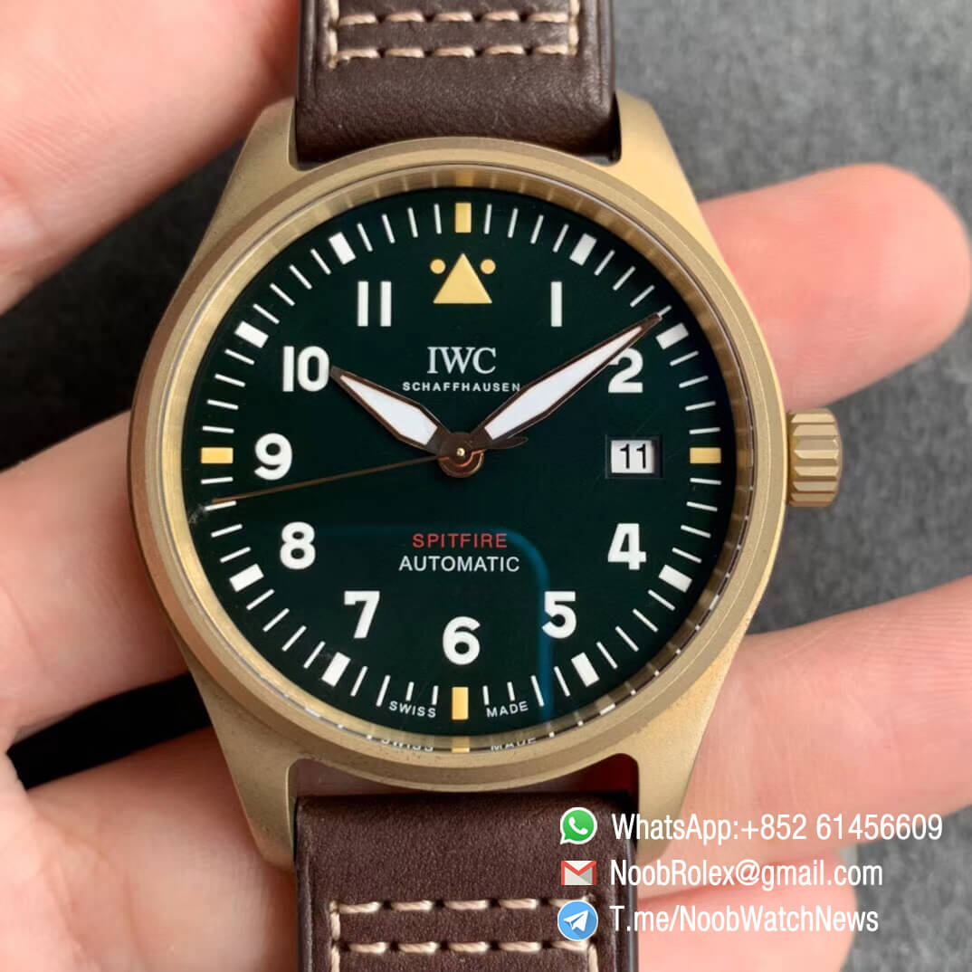 MKF Top Quality Repwatch IWC Spitfire Automatic Bronze Case IW326802 Green Dial on Brown Leather Strap MIYOTA 9015 01