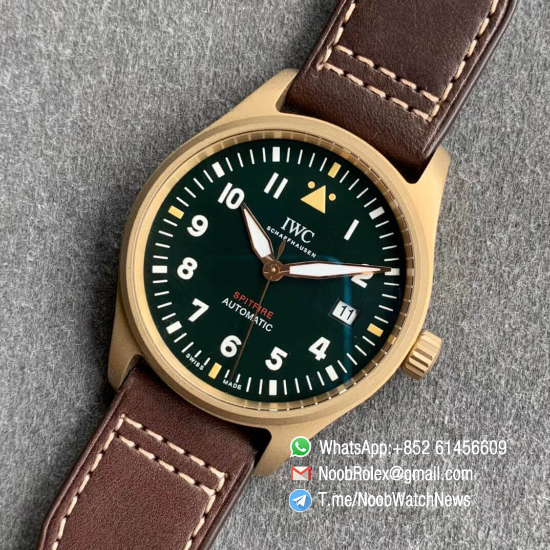 MKF Top Quality Repwatch IWC Spitfire Automatic Bronze Case IW326802 Green Dial on Brown Leather Strap MIYOTA 9015 09