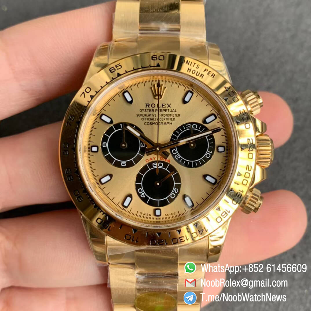 Noob Watch Daytona 116508 Full Yellow Gold Plated on 904L Steel Case Yellow Gold Dial with Black Sub Dial on YG Oyster Bracelet SA4130 V3 01