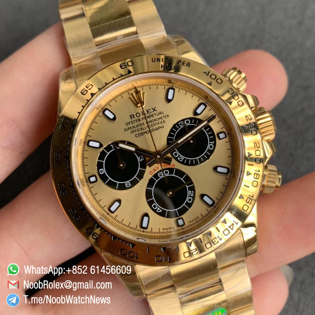 Noob Watch Daytona 116508 Full Yellow Gold Plated on 904L Steel Case Yellow Gold Dial with Black Sub Dial on YG Oyster Bracelet SA4130 V3 02