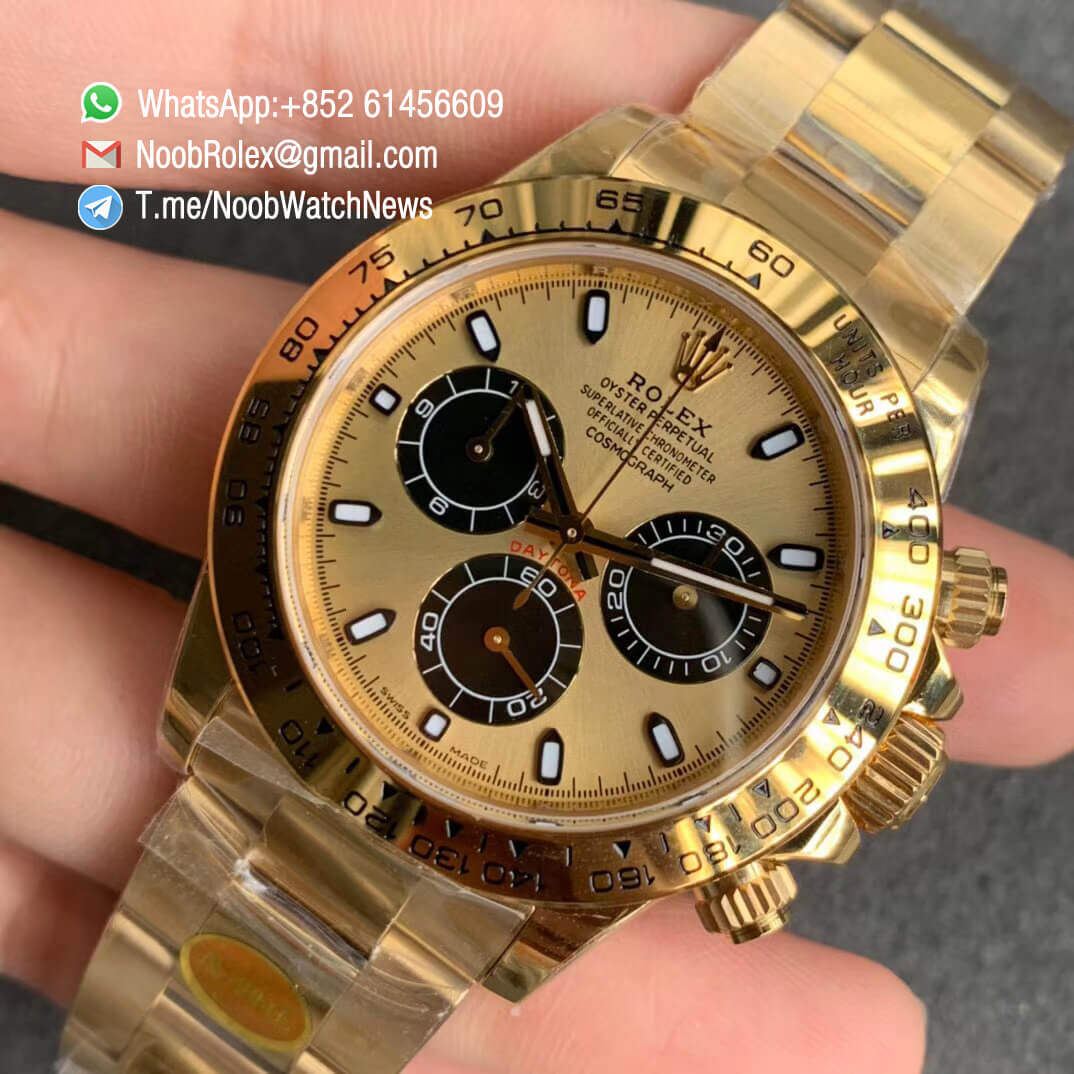 Noob Watch Daytona 116508 Full Yellow Gold Plated on 904L Steel Case Yellow Gold Dial with Black Sub Dial on YG Oyster Bracelet SA4130 V3 03