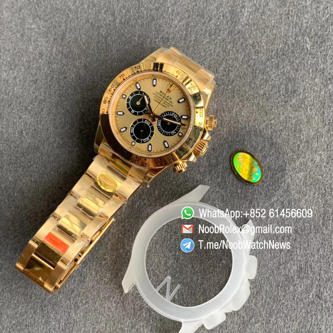 Noob Watch Daytona 116508 Full Yellow Gold Plated on 904L Steel Case Yellow Gold Dial with Black Sub Dial on YG Oyster Bracelet SA4130 V3 09