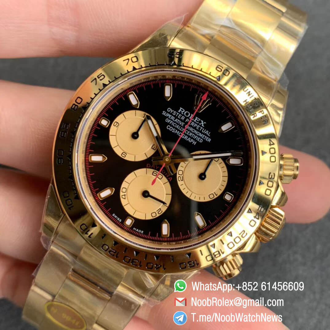 Noob Watch Daytona 116508 Paul Newman Full Yellow Gold Plated on 904L Steel Case and Bracelet Black Dial Yellow Gold Sub dial SA4130 V3 03