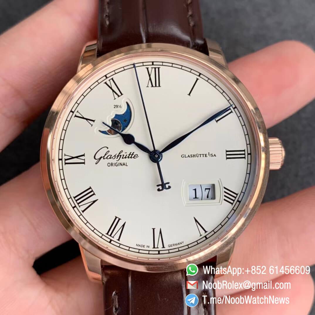 V9F Sup Rep Glashutte Original Excellence Panorama Date MoonPhase Rose Gold Case White Dial on Brown Leather Strap A100 01